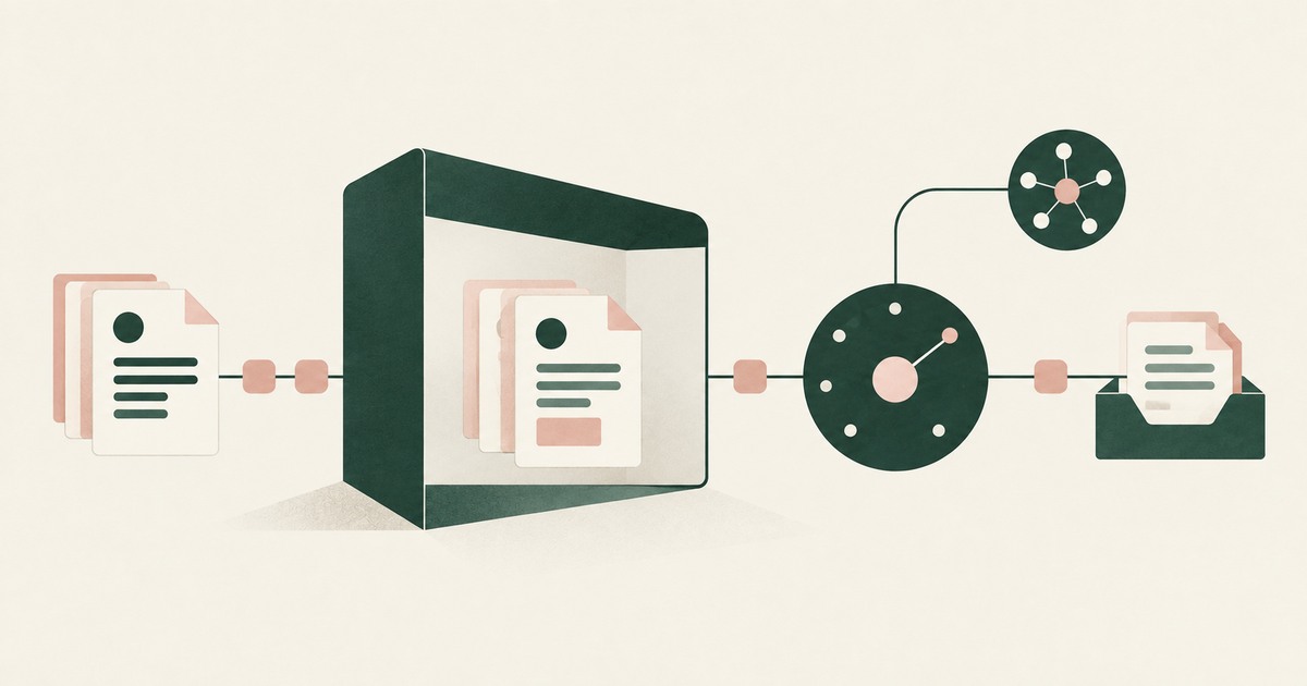 Documents pass through a bounded workspace and an approval dial before reaching an output tray.