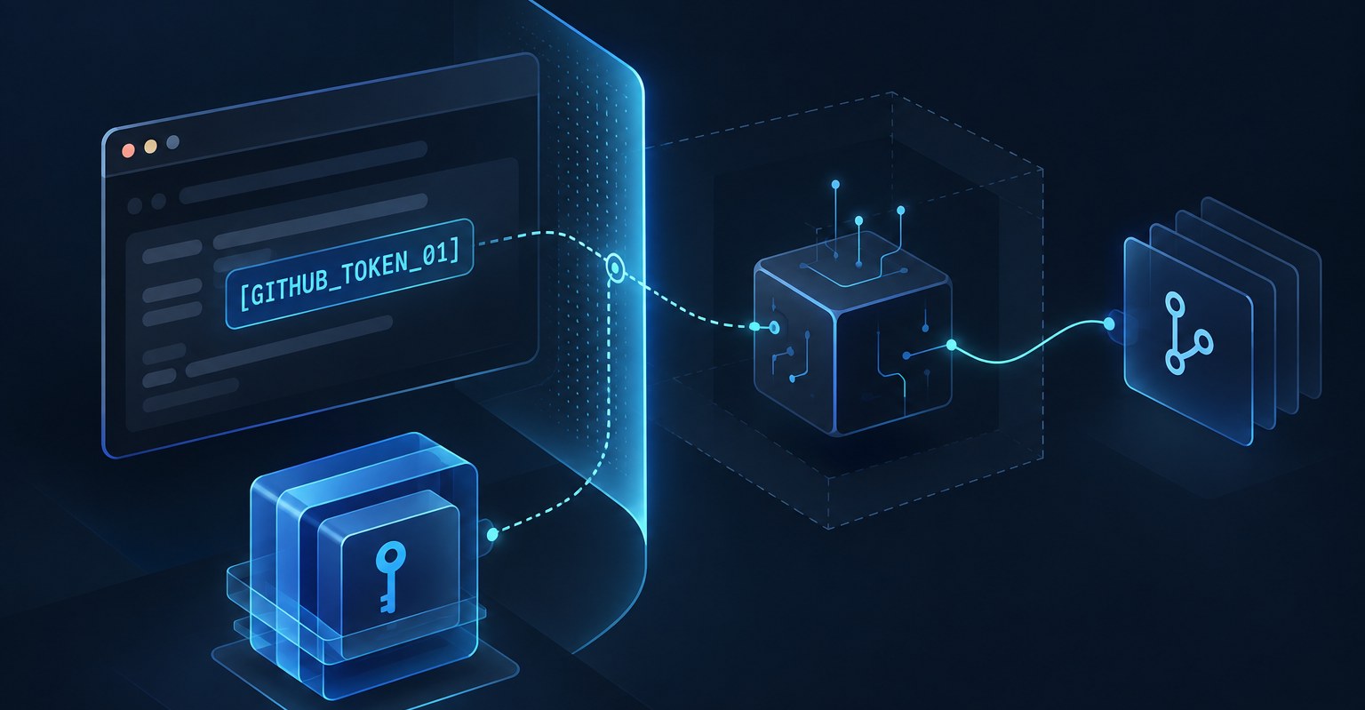 A protected browser passes a GITHUB_TOKEN_01 reference across a boundary to a sandbox and repository, while a key remains separate.