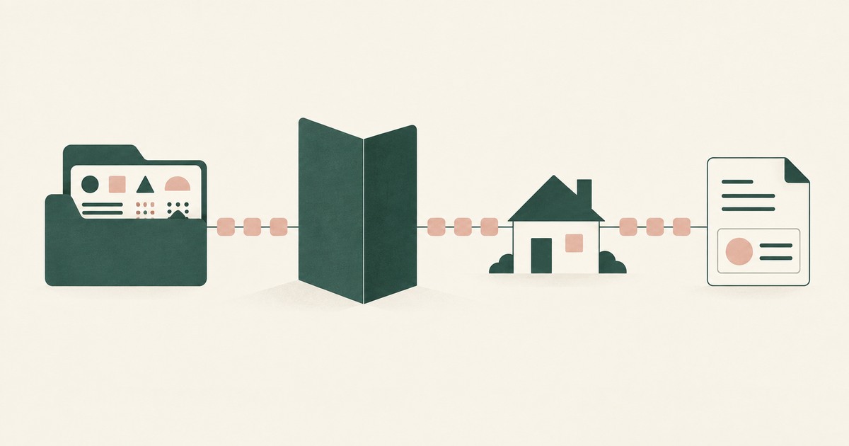 An insurance claim folder, house and payment record connect through a privacy screen using matching tokens.