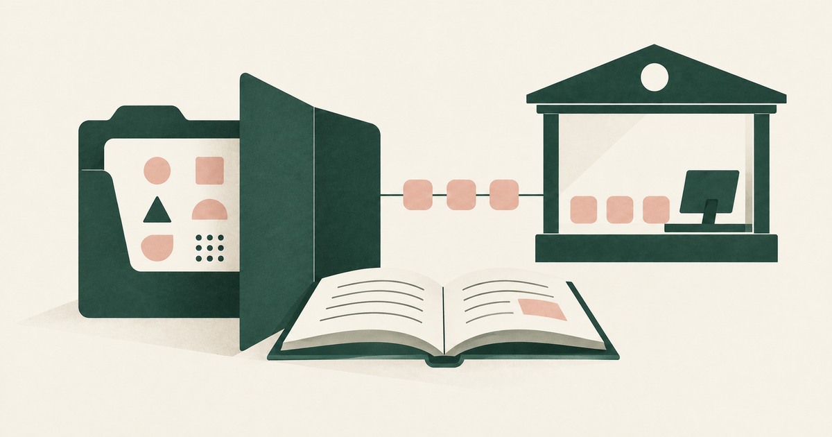 An open book and student-record folder beside a privacy screen that sends tokens to a school workspace.