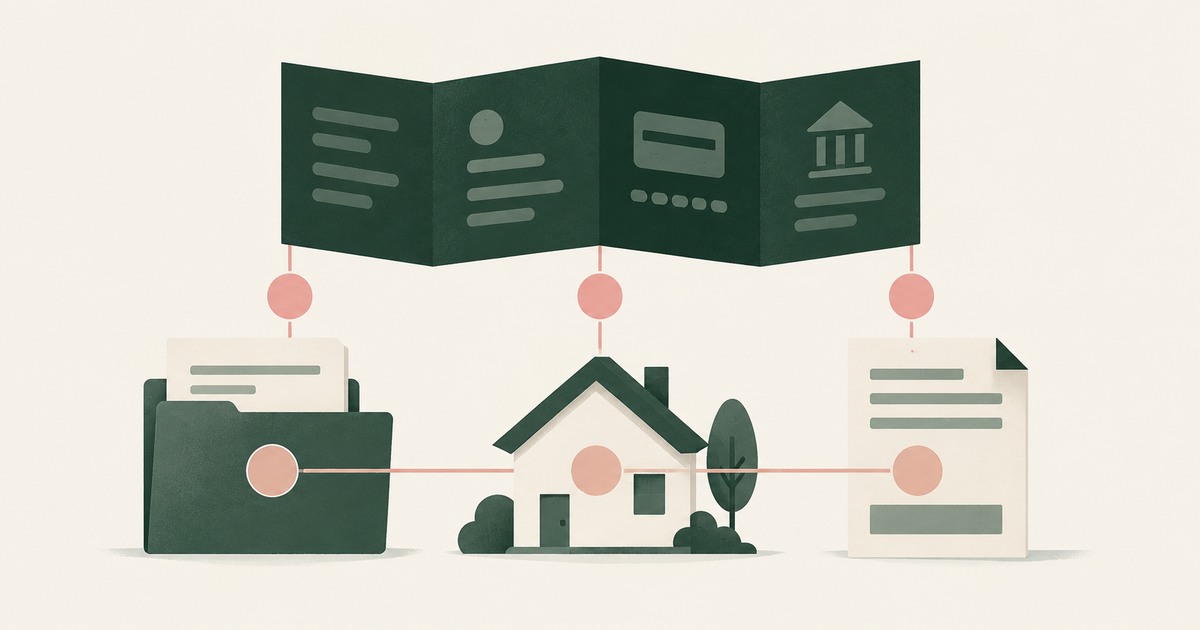 Claim folders, a house and payment records connect beneath a folded screen in a Guidewire claims workflow illustration.