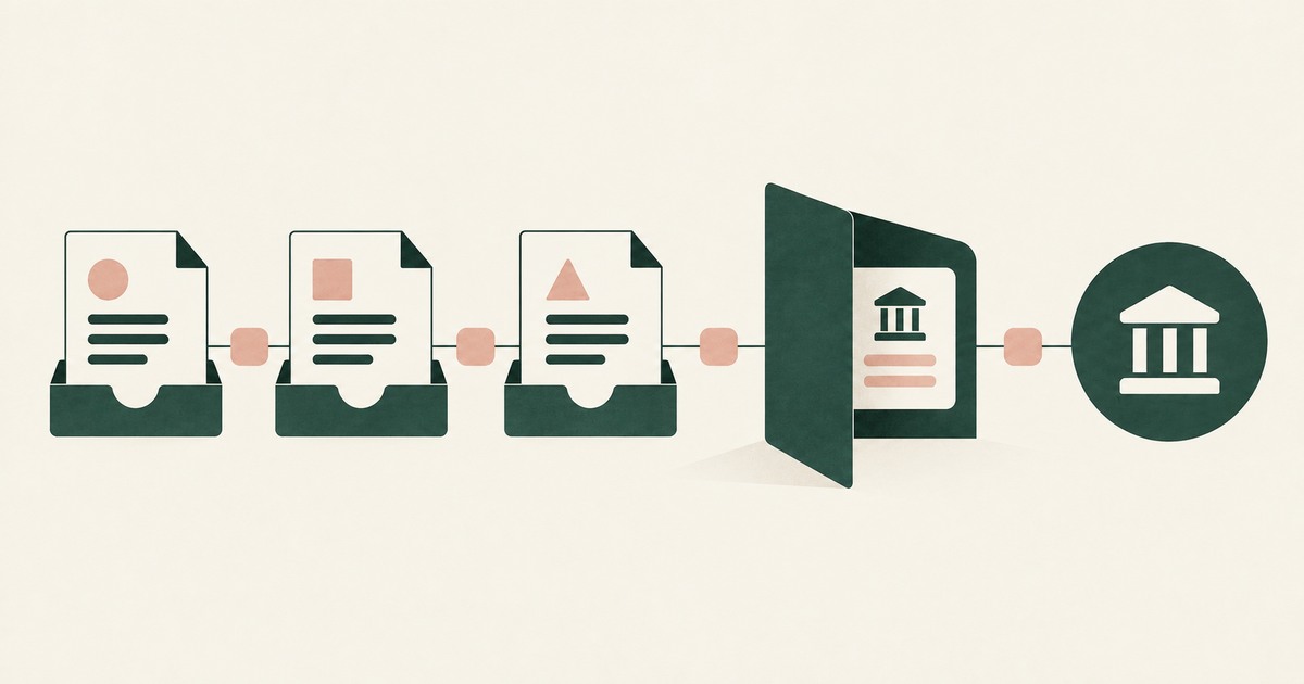 Three invoice-matching documents connect to a payment destination through a privacy screen covering bank details.