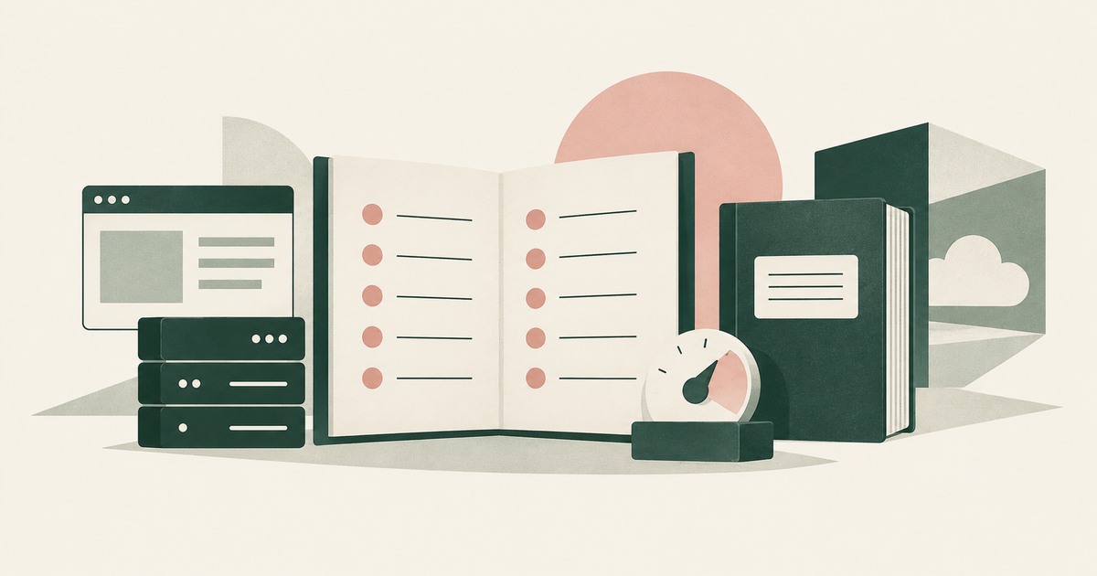 An open review checklist stands beside server equipment, a control dial and architecture documents for AI vendor assessment.