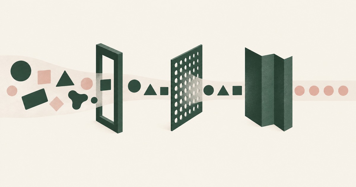 Data shapes pass through a gateway frame, a dotted inspection screen and a folded tokenization boundary.