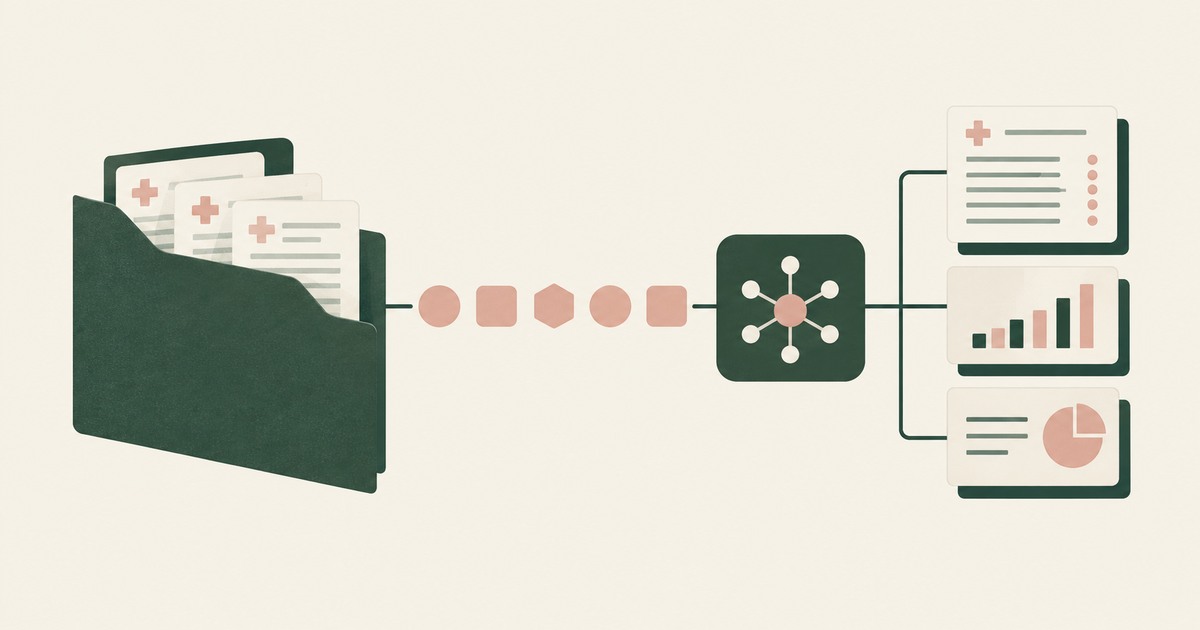 A patient folder sends tokens to an AI node and clinical work cards while the health records remain behind a privacy fold.