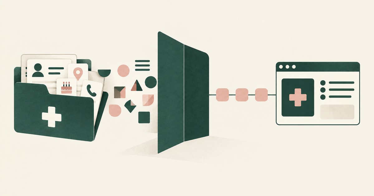A patient-record folder stays behind a privacy screen while tokens pass to a clinical application.