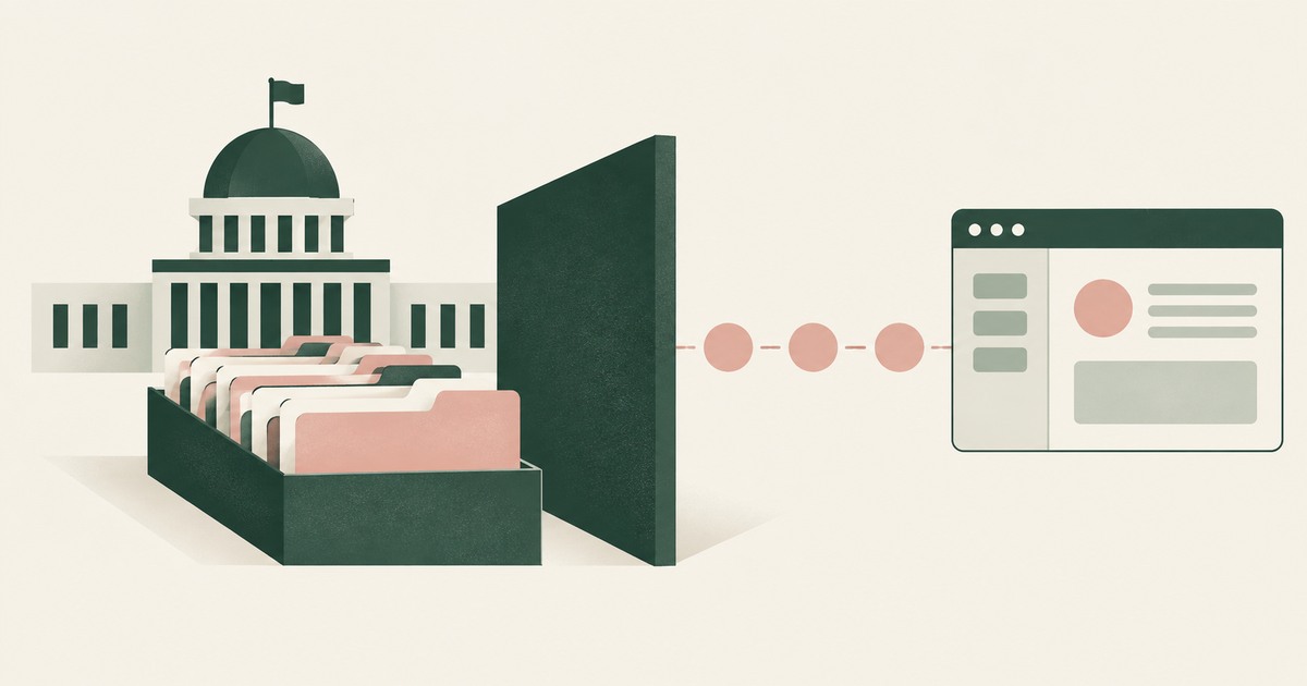 Federal record folders remain beside a civic building while tokens cross a partition toward an AI window.