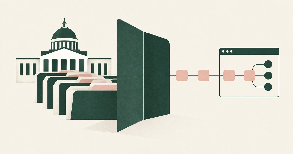 Government record folders remain behind a privacy screen while tokens pass to an administrative workflow.