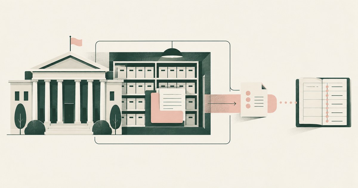 A government records room connects a protected case file to a tokenized document and an audit ledger.