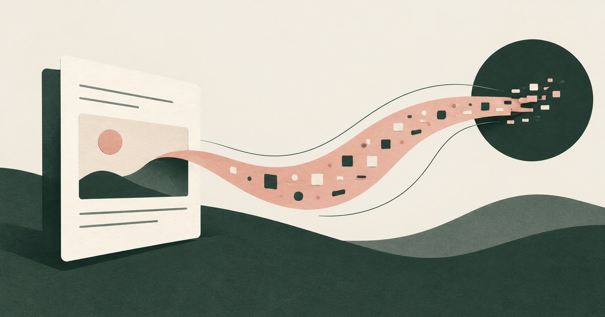 Small data fragments flow from a document along an image-shaped ribbon toward an external circular endpoint.