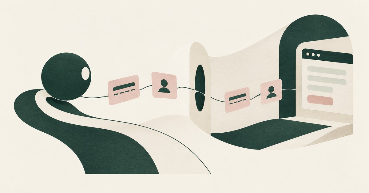 Payment and identity cards travel through a narrow boundary toward a developer-service signup page.