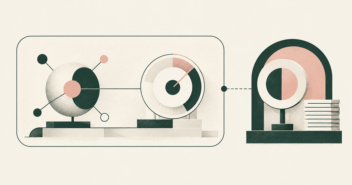 An acting AI node and review dial share one enclosure beside a separate review lens and evidence ledger.