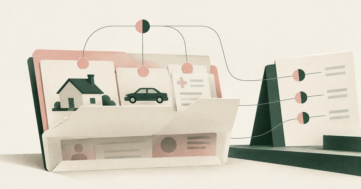 Insurance claim folders for property, vehicles and medical records connect to token fields on a review board.