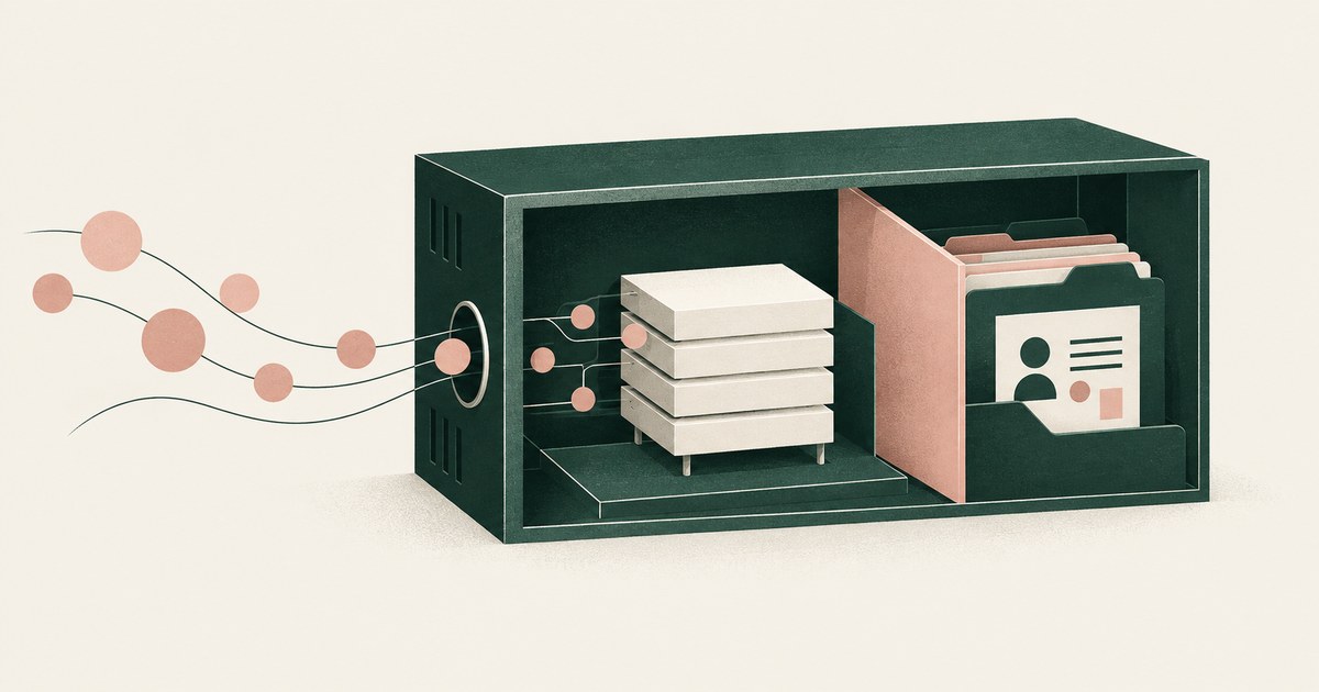 A self-hosted model stack sits inside a bounded enclosure beside protected records and incoming token shapes.