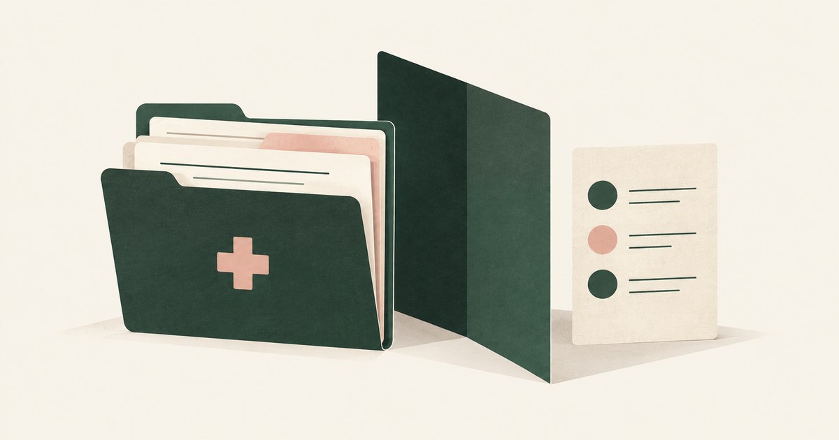 A medical folder sits behind a privacy panel beside a card of replacement tokens for patient-record workflows.