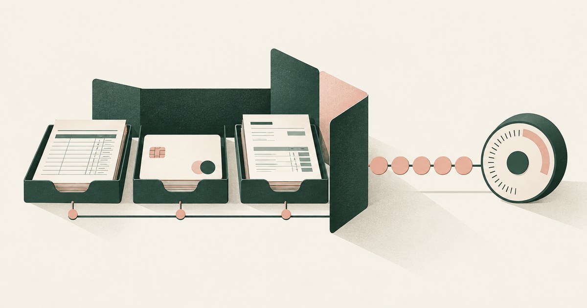 Billing records, payment cards and bank documents sit behind a screen that passes token shapes to an approval dial.