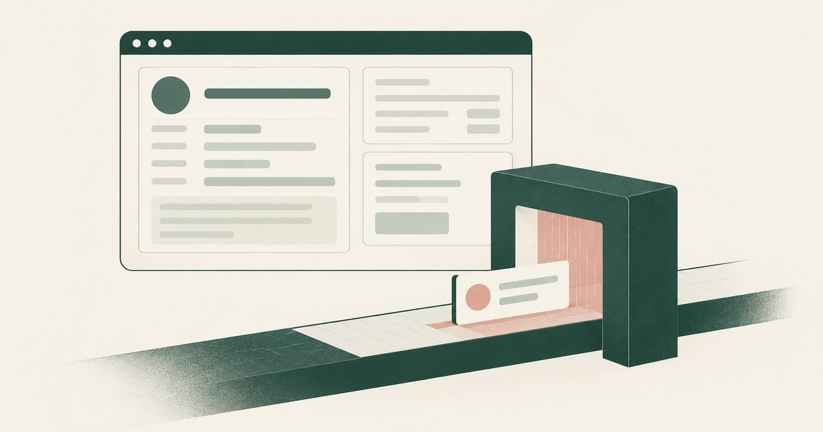 A browser record passes through a privacy screen beside a separate approval gate, illustrating AI agent input and action controls.