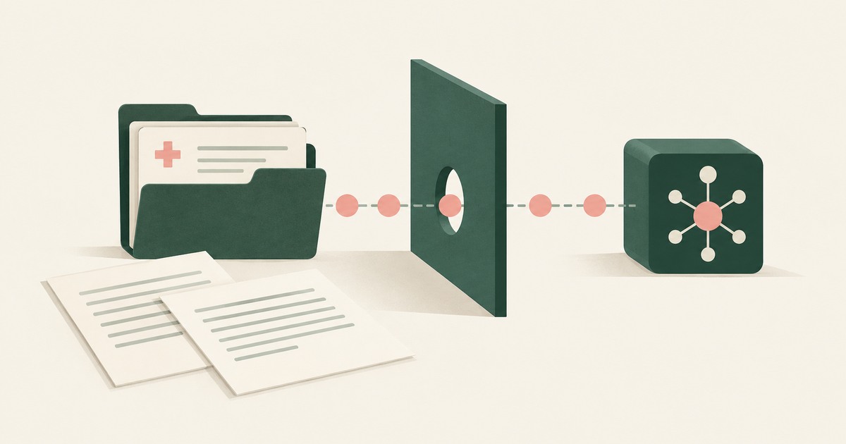 Patient folders and agreement papers sit before a privacy boundary, with tokens continuing to a model for a BAA assessment.