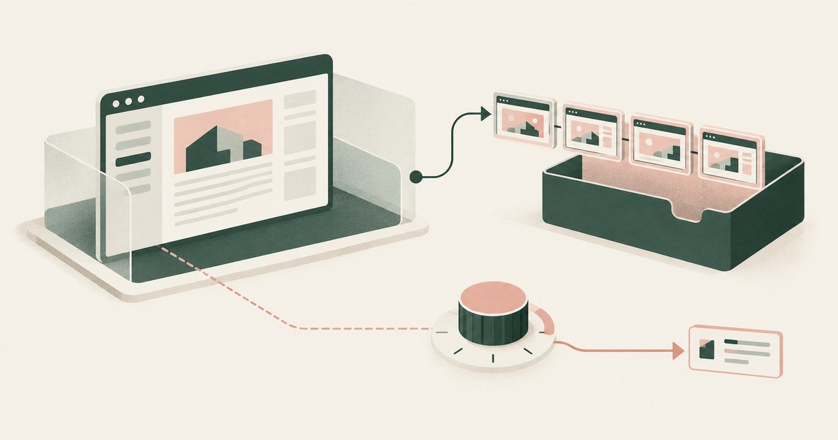 An isolated browser connects to a session-recording tray beside a separate dial controlling which observation is forwarded.