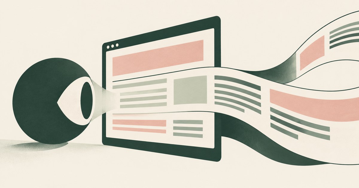 An abstract viewing node faces a browser page whose content continues into a winding instruction path.