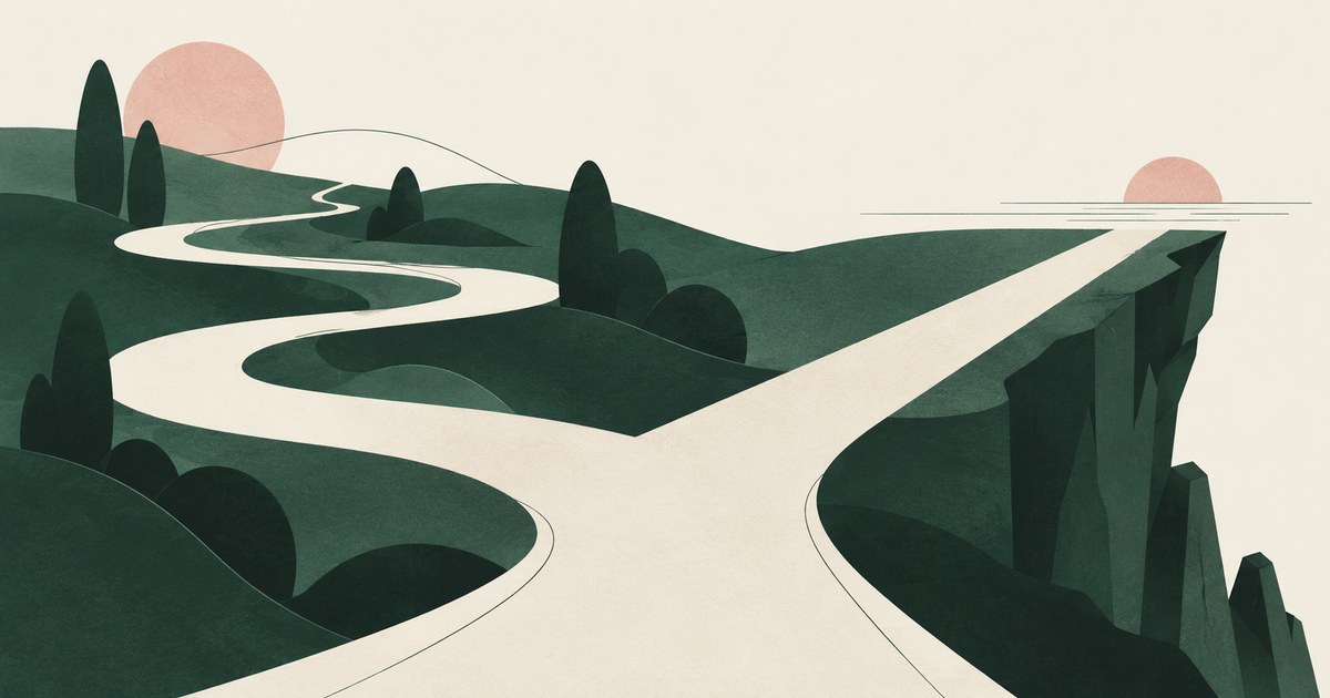 A winding workflow branches toward a straight path that ends abruptly at a deep drop.