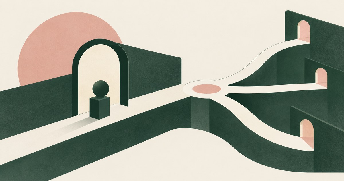 A credential checkpoint opens onto several possible action paths with separate destination doorways.