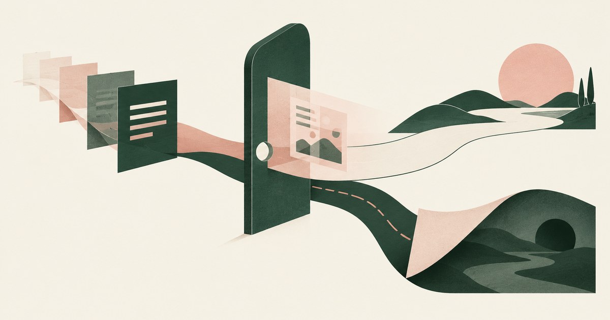 Layered instruction cards approach an approval door before a workflow forks into two downstream routes.