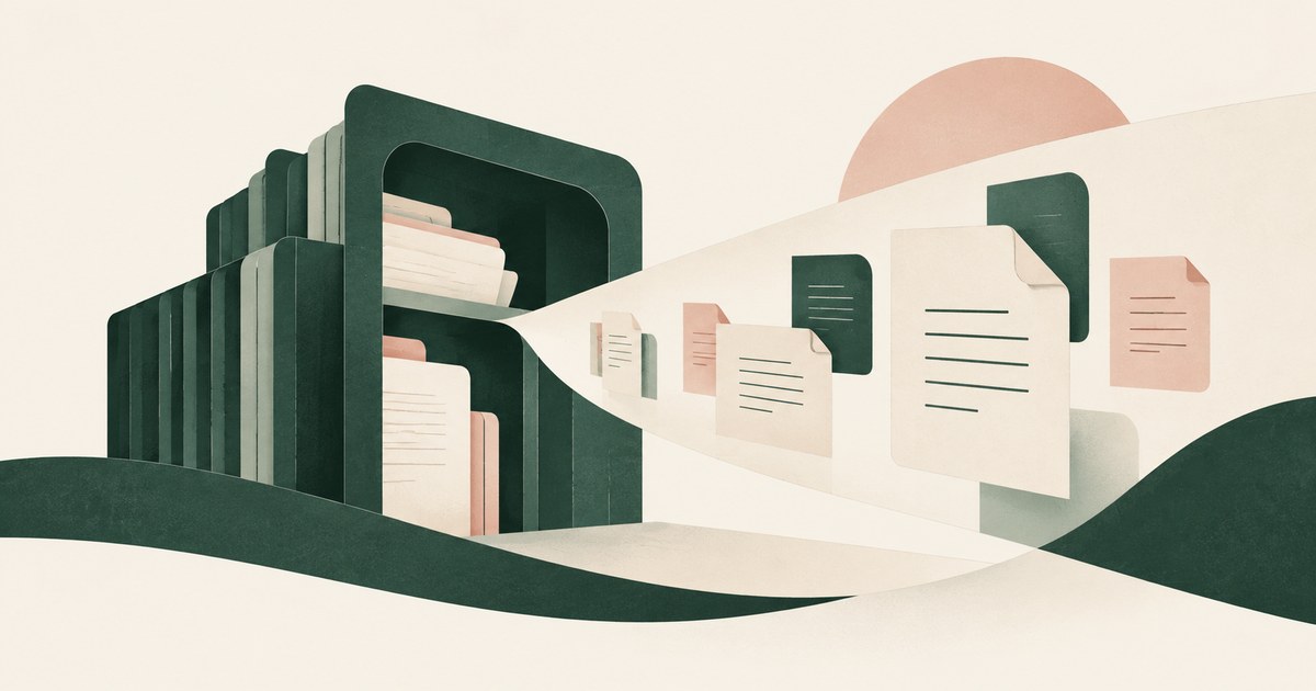 Documents emerge from a structured company file archive into a broad stream of accessible records.