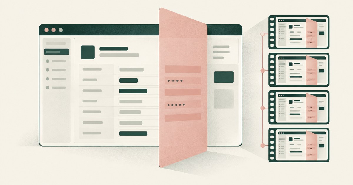 A privacy strip covers sensitive browser fields before successive screen images enter a replay record.