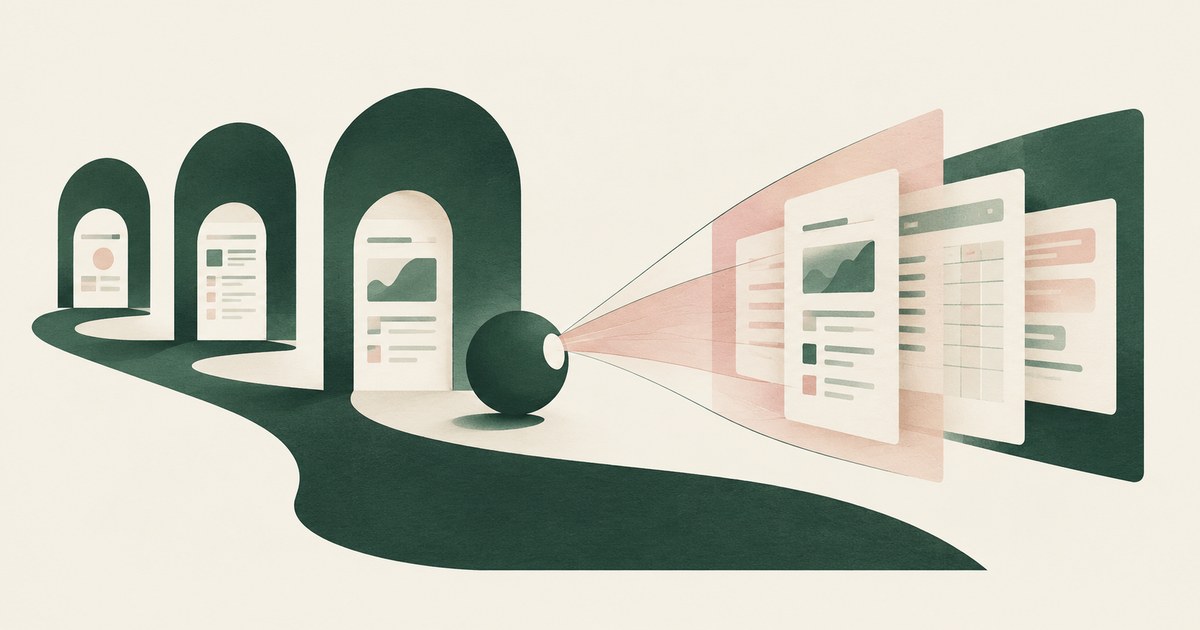 An abstract agent views layered records through a sequence of doorways representing approved applications.