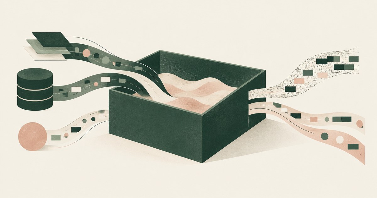 Data streams pass through an open sandbox and continue beyond its boundaries as small token-like shapes.