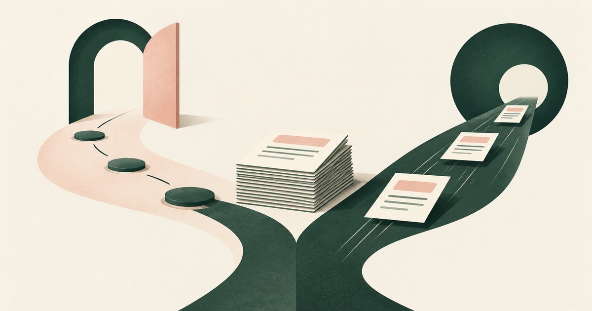 A stack of business records sits beside an action path that leads through a large workflow ring.