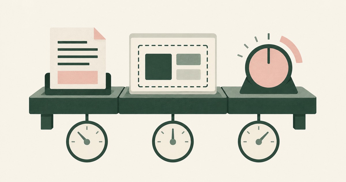 Three timed stations connect a baseline document, bounded workflow and approval dial in a governed AI pilot illustration.