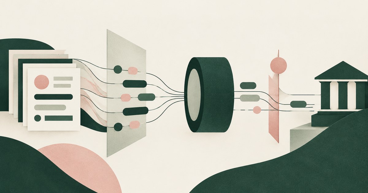 Customer records pass through an abstract masking boundary and a circular processing node toward a financial institution.