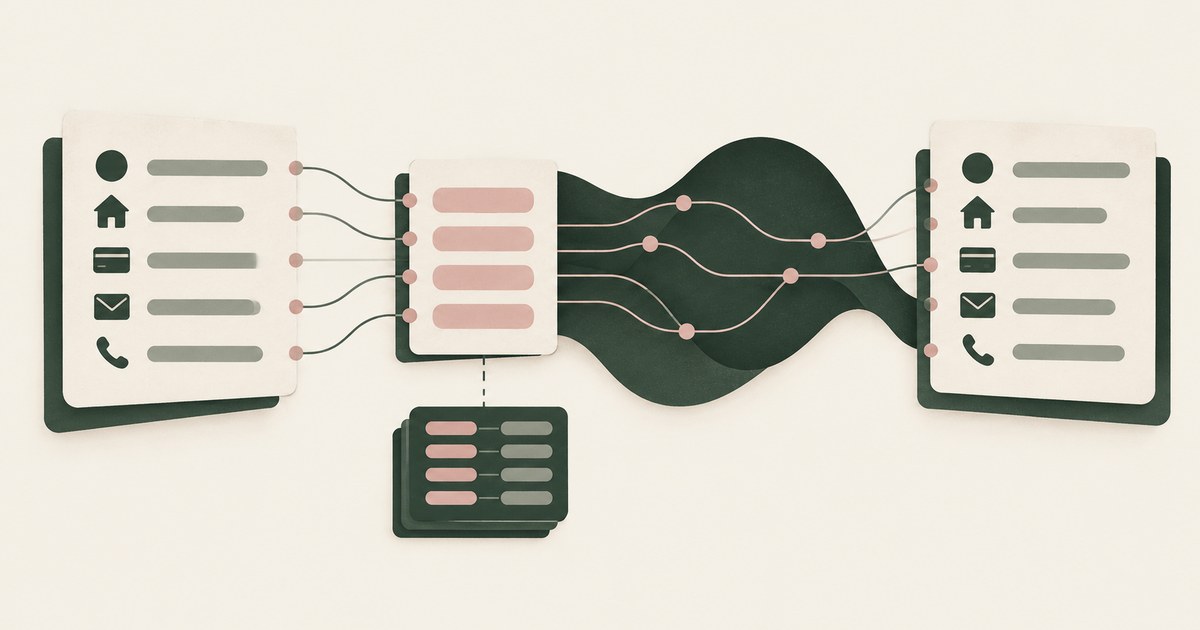 Customer record fields pass through a mapping card and a bounded transformation before reaching a matching output record.