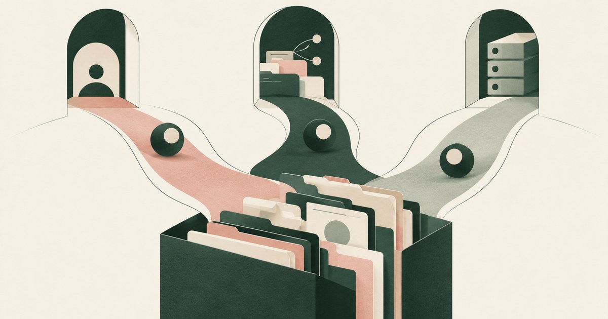 Paths from several access doorways converge on a shared archive of sensitive company records.