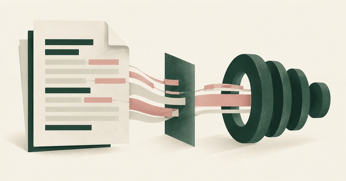 Lines from a layered document pass through a control screen and into a series of concentric processing rings.