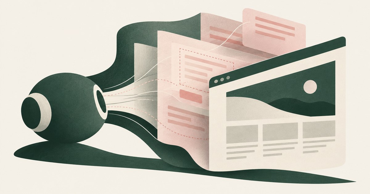 An abstract agent node faces a browser page backed by several overlapping instruction sheets.