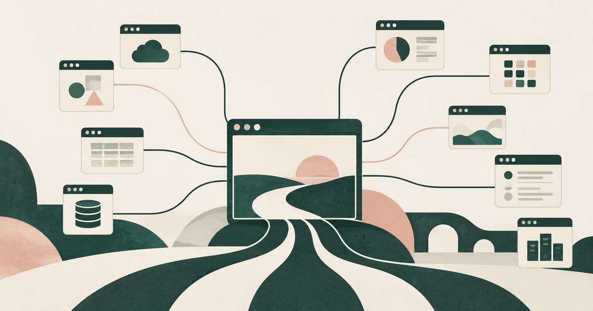 Several enterprise application windows connect to a central browser workspace over a shared access route.
