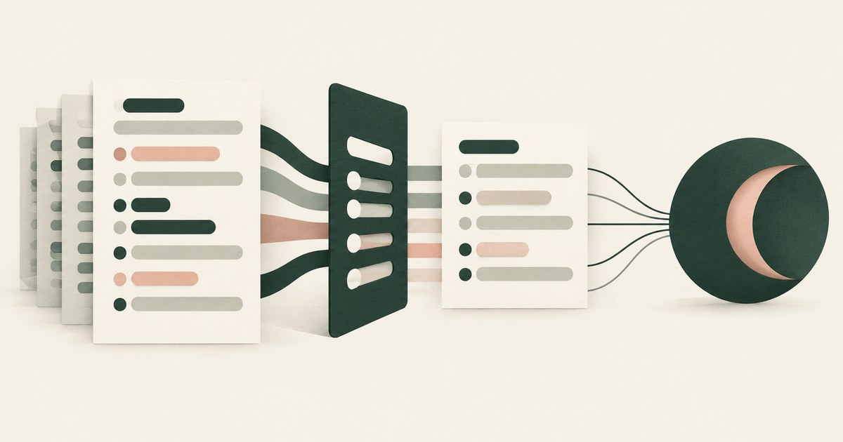 A stack of detailed records is reduced to selected fields at a narrow boundary before reaching an agent ring.