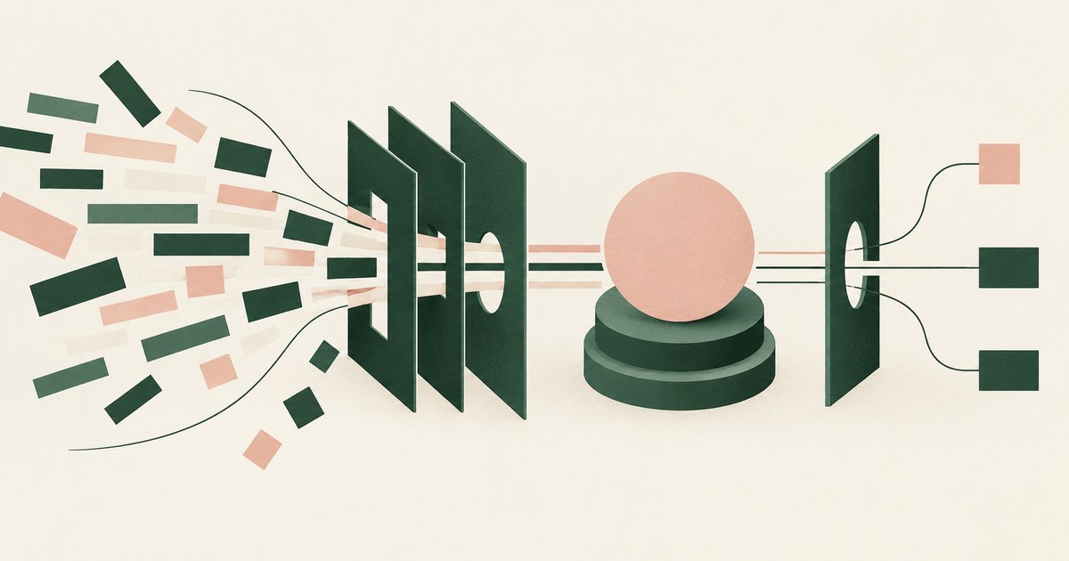 Scattered instruction fragments pass through several screening layers before reaching a separate control point and permitted outputs.