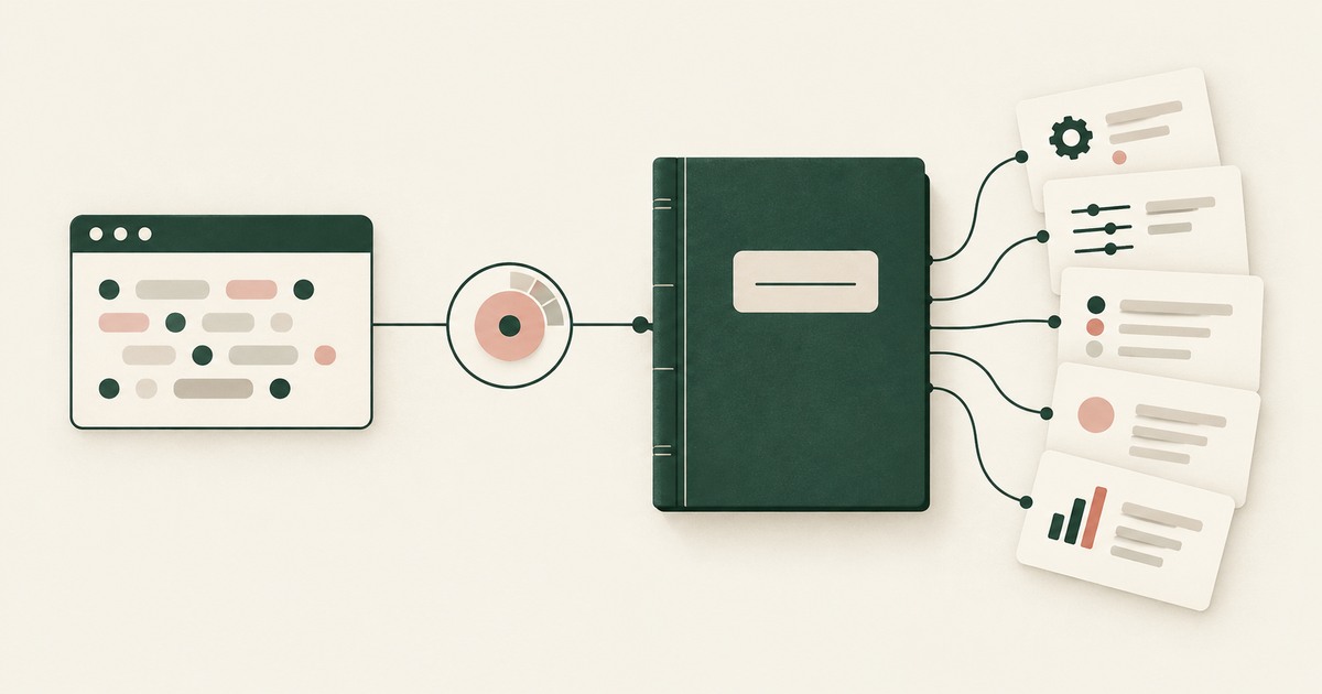 A browser run connects through a control dial to an audit binder and five evidence sheets for reviewing AI agent activity.