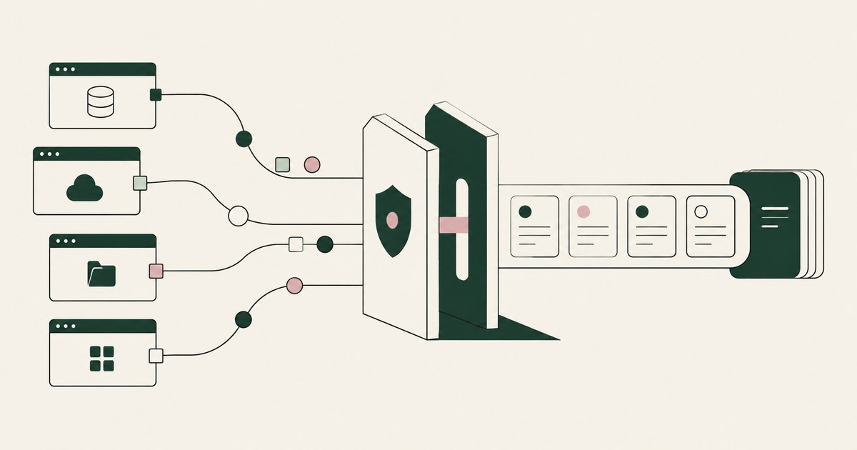 Records from database, cloud and application windows converge at a shared audit gate.