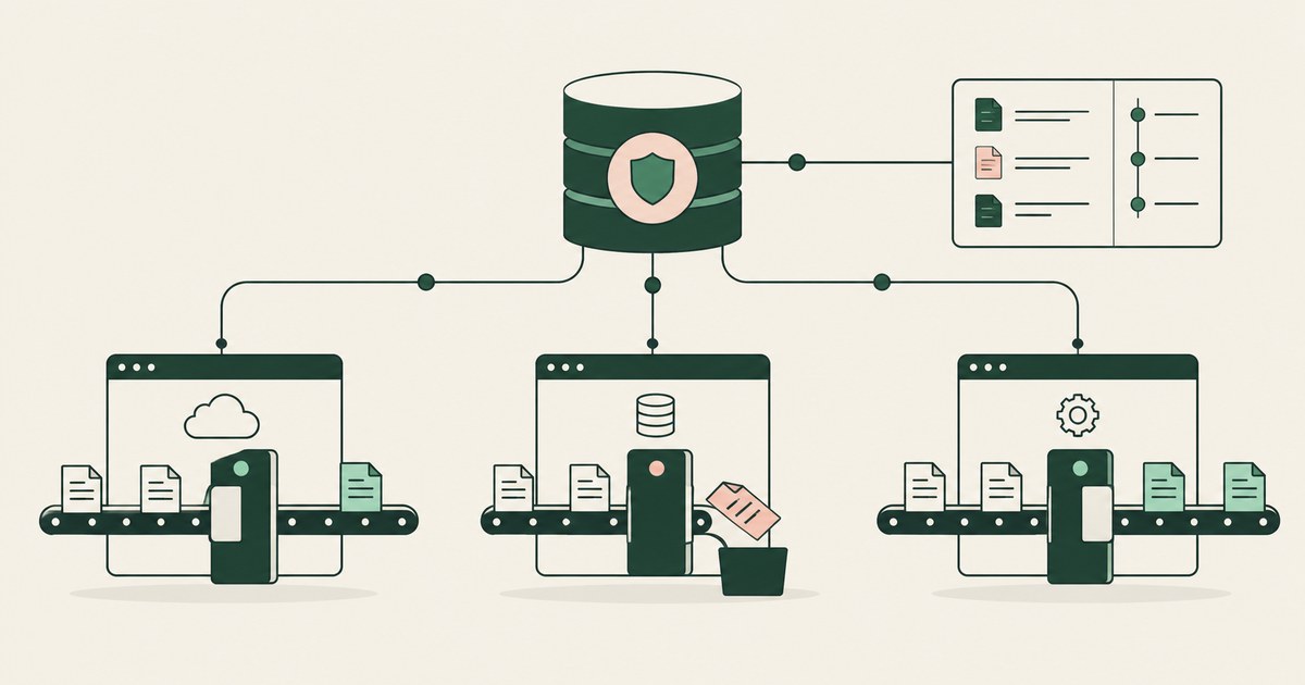 A central policy database controls separate gates across three enterprise applications.