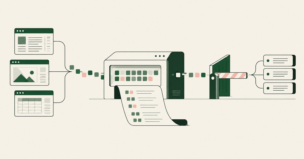 Three application windows feed a recording machine, printed log and approval barrier.
