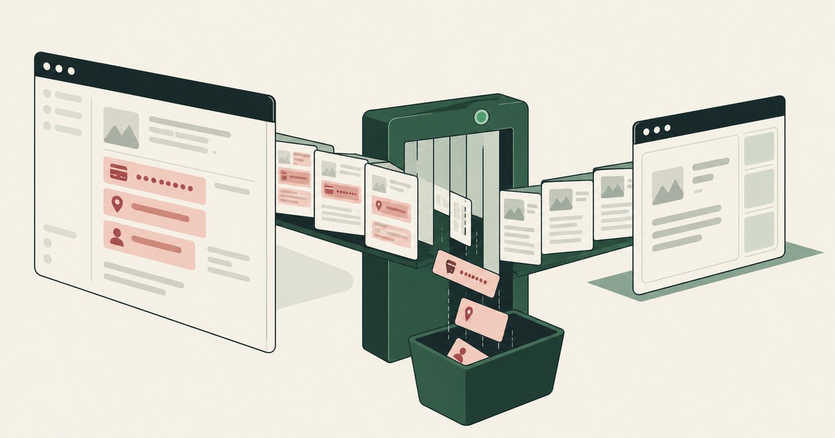 Browser records pass through a screen filter that removes sensitive identifier cards.
