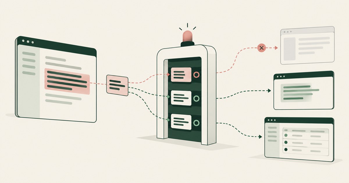 A copied record branches into one blocked transfer and two permitted application paths.