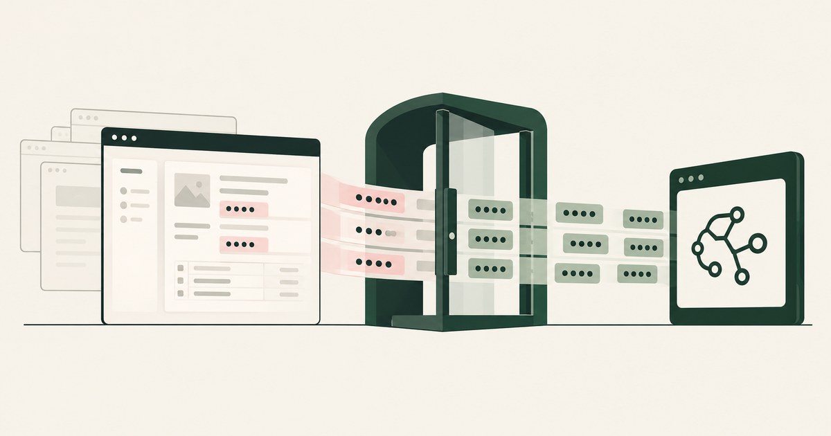 Browser fields become protected tokens through a transparent gate before reaching a model window.