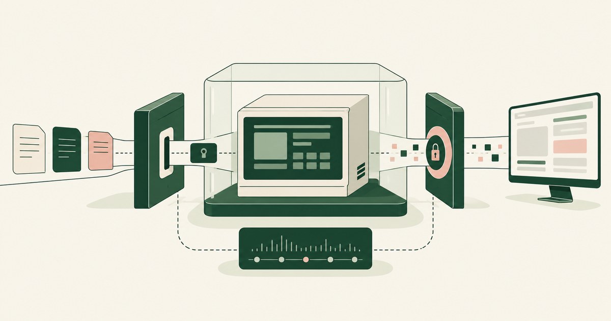 A legacy terminal sits inside an enclosure between an access gate and a tokenized modern application.
