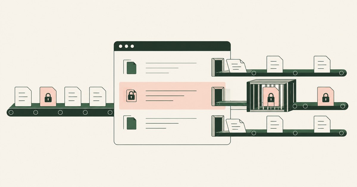 An application keeps ordinary records moving while its sensitive data follows a protected middle path.